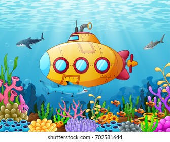 Vector illustration of Cartoon submarine underwater