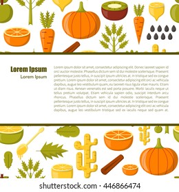 Vector illustration with cartoon summer ingredients for detox smoothie. Vegetables, fruits, chia seeds cartoon background. Fresh detox smoothie vitamin healthy living. Vegan diet, vegetarian lifestyle