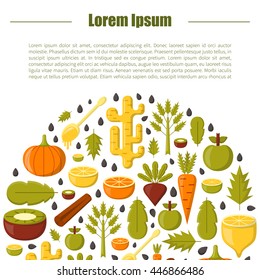 Vector illustration with cartoon summer ingredients for detox smoothie. Vegetables, fruits, chia seeds cartoon background. Fresh detox smoothie vitamin healthy living. Vegan diet, vegetarian lifestyle