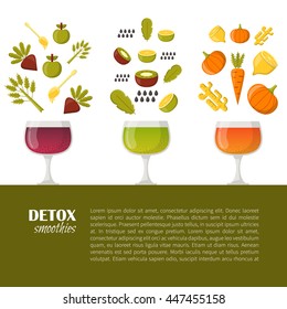 Vector illustration with cartoon summer ingredients for detox smoothie. Vegetables, fruits, chia seeds cartoon background. Fresh detox smoothie vitamin healthy living. Vegan diet, vegetarian lifestyle