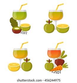 Vector illustration with cartoon summer ingredients for detox smoothie. Vegetables, fruits, chia seeds cartoon background. Fresh detox smoothie vitamin healthy living. Vegan diet, vegetarian lifestyle