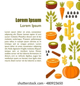 Vector illustration with cartoon summer ingredients for detox smoothie. Vegetables, fruits, chia seeds cartoon background. Fresh detox smoothie vitamin healthy living. Vegan diet, vegetarian lifestyle
