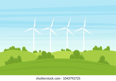 Vector illustration: Cartoon Summer landscape with Wind energy turbines
