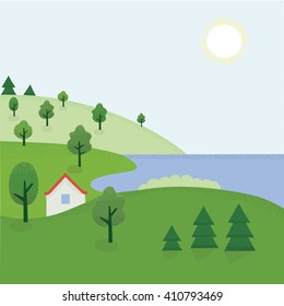 Dibujo vectorial del paisaje de verano de caricaturas del campo