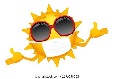 Vector illustration of cartoon sun character protected against virus