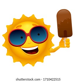 Imagen vectorial del personaje del sol de dibujos animados con helado.
