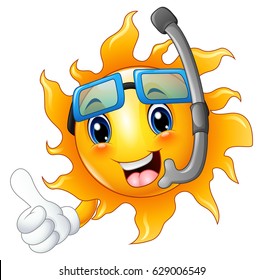 Vector illustration of Cartoon sun character in diving mask giving thumbs up