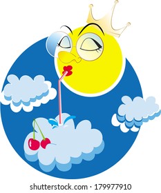 vector illustration of cartoon sun with crown drinking cherry cocktail