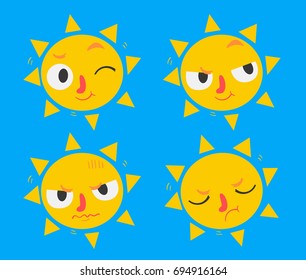 Vector illustration of a cartoon sun with a face and many expressions.