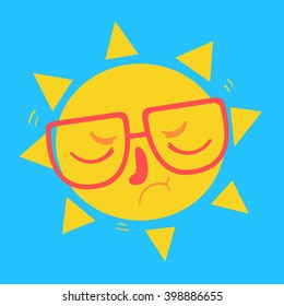 Vector illustration of a cartoon Sun wearing glasses, with closed eyes and disappointed expression.