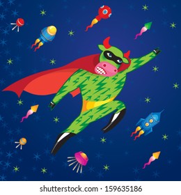 Vector illustration of cartoon super bull, flying among the stars and spaceships. Concept background. It can be used for decorating of invitations, cards, web page, decoration for bags and clothes.