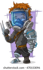 A vector illustration of cartoon super soldier in gas mask