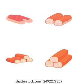 Ilustración vectorial de rollos de sushi de dibujos animados con pescado y carne, aislados sobre fondo blanco