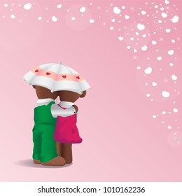 Vector illustration cartoon of sweet couple teddy bears under love umbrella  with white falling hearts on pink background for Valentines day festival decoration.