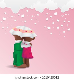 Vector illustration cartoon of sweet couple teddy bears under love umbrella  with white falling hearts on white clouds and  pink background for Valentines day festival decoration.