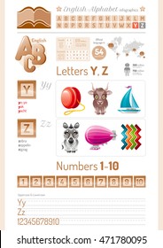 Vector illustration cartoon table. English alphabet ABC icon set in elegant modern style. Letters Y, Z, numbers infographics with toy block, object symbols - yo-yo, yak, yacht, zebra, zeppelin, zigzag