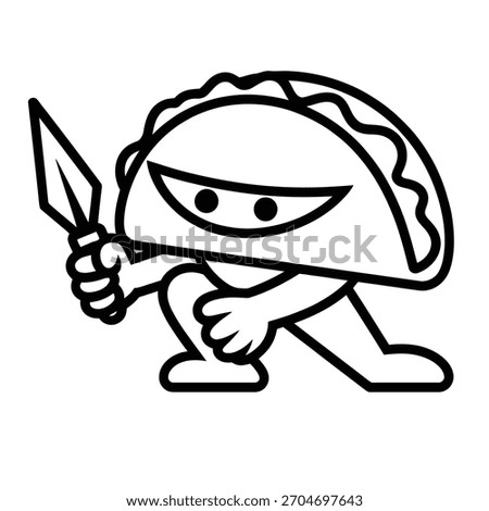 Vector illustration of a cartoon taco character dressed as a ninja, holding a dagger in a squatting pose. Black and white outline graphic.