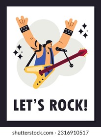 Vector illustration of cartoon talent Rock band artist with guitar raised his hands up. Lets rock. Cute competition rock show in disproportionate characters isolated on white background