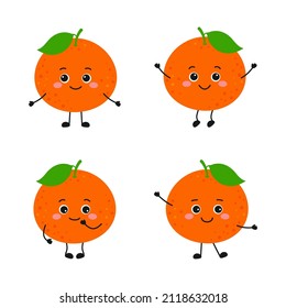 vector illustration of cartoon tangerines characters isolated on white, set with tropical fruits in flat style
