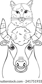 Vector illustration Cartoon Taurus cat comfortably perched on a bull - Coloring zodiac artwork