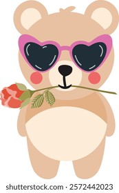 A vector illustration of a cartoon teddy bear wearing heart-shaped sunglasses and holding a red rose in its mouth.