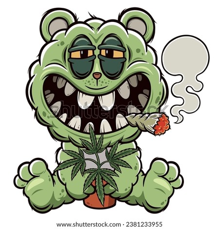 Vector illustration of Cartoon Teddy bear smokes a cigarette with marijuana, Cannabis leaves, print for t-shirts 
