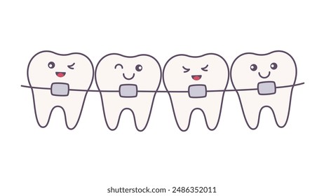 vector illustration of cartoon teeth row with braces. orthodontic concept