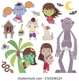 Imagen vectorial del juego de fantasmas de Cartoon Thai, personaje de Thai Ghosts. Krasu. Krahang. Tanee.