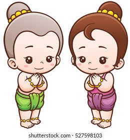 Vector illustration of Cartoon Thai kids, Sawasdee