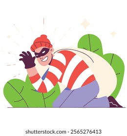 A vector illustration of a cartoon thief character in a sneaking pose, wearing a striped shirt. Perfect for animation, comics, children's books, or game design needing a mischievous charact