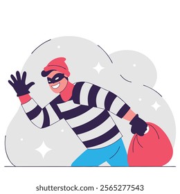 A vector illustration of a cartoon thief character in a striped shirt, depicted in a sneaky pose. Ideal for animation, 