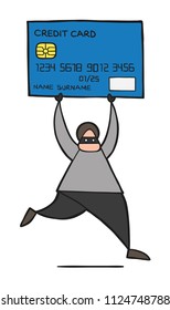 Vector illustration cartoon thief hacker man with face masked running and carrying credit card.