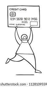 Vector illustration cartoon thief hacker man with face masked running and carrying credit card.