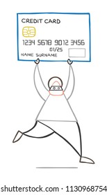 Vector illustration cartoon thief hacker man with face masked running and carrying credit card.