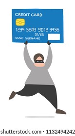 Vector illustration cartoon thief hacker man with face masked running and carrying credit card.