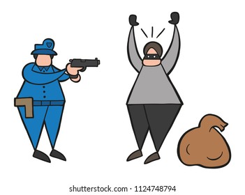 Vector illustration cartoon thief man with face masked and sack was caught by police.