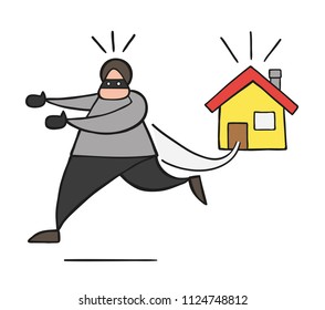 Vector illustration cartoon thief man with face masked running away from house.