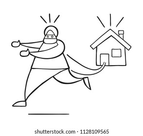 Vector illustration cartoon thief man with face masked running away from house.