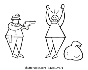 Vector illustration cartoon thief man with face masked and sack was caught by police.