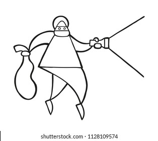 Vector illustration cartoon thief man with face masked walking and holding flashlight and sack.