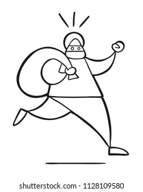 Vector illustration cartoon thief man with face masked running and carrying sack.