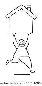 Vector illustration cartoon thief man with face masked running and carrying house.