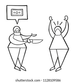 Vector illustration cartoon thief man with face masked with knife and want money with speech bubble from other man.