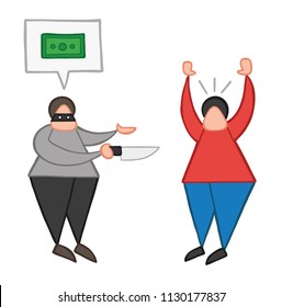Vector illustration cartoon thief man with face masked with knife and want money with speech bubble from other man.