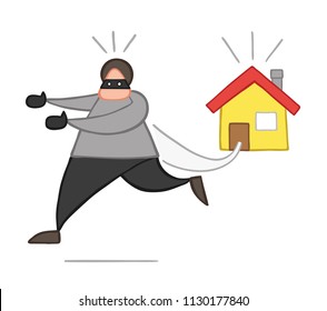Vector illustration cartoon thief man with face masked running away from house.