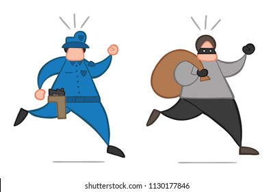 Vector illustration cartoon thief man with face masked running away from police and carrying sack.