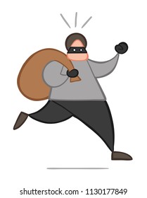 Vector illustration cartoon thief man with face masked running and carrying sack.