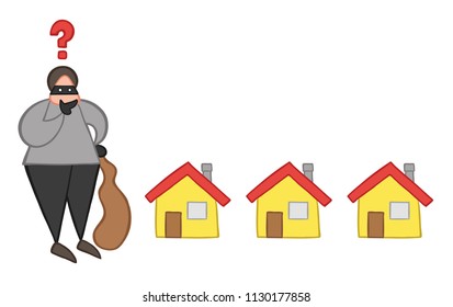 Vector illustration cartoon thief man with face masked with sack and thinking which house to choose for theft.