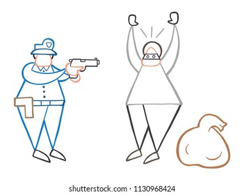 Vector illustration cartoon thief man with face masked and sack was caught by police.