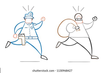 Vector illustration cartoon thief man with face masked running away from police and carrying sack.